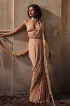 Shop_Shehlaa Khan_Peach Zari Sweetheart Neck Sequin Work Pre-draped Saree With Bloue _at_Aza_Fashions
