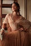 Shop_Shehlaa Khan_Peach Lace, Tulle Lace, Embroidery V-neck Blouse And Lehenga Set _at_Aza_Fashions