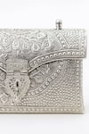 Tasna_Silver Handcrafted Floral And Geometric Engraved Clutch _at_Aza_Fashions