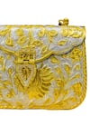 Tasna_Gold Embroidery, Stones Brass Engraved Floral And Peacock Clutch _at_Aza_Fashions