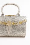 Shop_Tasna_Silver Stones, Embroidery Hand-carved Kundan And Meenakari Brass Clutch _Online_at_Aza_Fashions