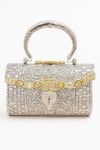Tasna_Silver Stones, Embroidery Hand-carved Kundan And Meenakari Brass Clutch _at_Aza_Fashions