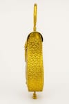 Tasna_Gold Stones, Metallic Thread, Kundan And Meenakari Brass Hand-carved Clutch _Online_at_Aza_Fashions