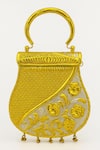 Shop_Tasna_Gold Stones, Metallic Thread, Kundan And Meenakari Brass Hand-carved Clutch _at_Aza_Fashions