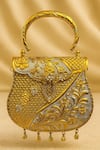 Buy_Tasna_Gold Stones, Metallic Thread, Kundan And Meenakari Brass Hand-carved Clutch _at_Aza_Fashions