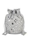 Shop_The Purple Sack_Silver Mirrors, Beads Embellished Raw Silk Potli Bag _Online_at_Aza_Fashions