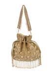 Shop_The Purple Sack_Gold Beads, Pearls, Embroidery Beaded Floral And Leaf Potli Bag _Online_at_Aza_Fashions