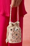 The Purple Sack_Beige Mirrors, Embroidery Work And Bead Embellished Potli Bag _Online_at_Aza_Fashions