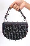 Shop_The Purple Sack_Navy Beads, Tassels Beaded Fringe Raw Silk Handbag _at_Aza_Fashions