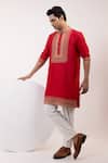 Yoseba_Red Silk, Cotton Embroidery Zarirudra Geometric Kurta And Pyjama Set _Online_at_Aza_Fashions
