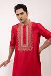 Yoseba_Red Silk, Cotton Embroidery Zarirudra Geometric Kurta And Pyjama Set _at_Aza_Fashions