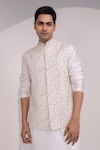 Yoseba_Off White Silk, Cotton Cream Pink Pattern Nehru Jacket Set _at_Aza_Fashions