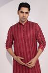 Yoseba_Maroon Linen, Satin, Cotton Embroidery Aagya Kurta And Pyjama Set _at_Aza_Fashions