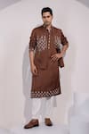 Buy_Yoseba_Brown Linen, Satin, Cotton Embroidery Nehru Jacket Set _at_Aza_Fashions