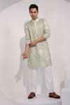 Yoseba_Mint Organza, Cotton Embroidery Jaalika Kurta And Pyjama Set _at_Aza_Fashions