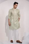 Buy_Yoseba_Mint Organza, Cotton Embroidery Jaalika Kurta And Pyjama Set _at_Aza_Fashions
