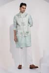 Buy_Yoseba_Mint Organza, Chanderi Silk, Pista Nehru Jacket Set _at_Aza_Fashions