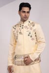 Buy_Yoseba_Yellow Linen, Satin Embroidery Rangrez Saaz Floral And Avian Nehru Jacket _at_Aza_Fashions