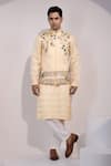 Yoseba_Yellow Linen, Satin Embroidery Rangrez Saaz Floral And Avian Nehru Jacket _Online_at_Aza_Fashions