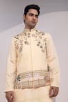 Shop_Yoseba_Yellow Linen, Satin Embroidery Rangrez Saaz Floral And Avian Nehru Jacket _Online_at_Aza_Fashions
