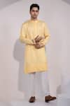Buy_Yoseba_Yellow Linen, Satin, Cotton Embroidery Pastel Cuff And Hem Kurta Pyjama Set _at_Aza_Fashions