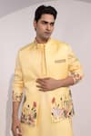 Shop_Yoseba_Yellow Linen, Satin, Cotton Embroidery Amaltas Baagh Nehru Jacket Set _Online_at_Aza_Fashions