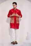 Yoseba_Red Chanderi Embroidery Meher Laal Floral And Nature Nehru Jacket _Online_at_Aza_Fashions
