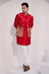 Shop_Yoseba_Red Chanderi Embroidery Meher Laal Floral And Nature Nehru Jacket _Online_at_Aza_Fashions