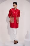 Buy_Yoseba_Red Chanderi, Cotton Embroidery Meher Laal Nehru Jacket Set _Online_at_Aza_Fashions