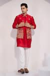 Shop_Yoseba_Red Chanderi, Cotton Embroidery Meher Laal Nehru Jacket Set _Online_at_Aza_Fashions