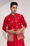 Yoseba_Red Chanderi, Cotton Embroidery Meher Laal Nehru Jacket Set _at_Aza_Fashions