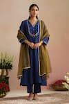 Buy_Trendy Tokari_Blue Chanderi Silk, Cotton, Organza Embroidery V-neck Hand Kurta Set _at_Aza_Fashions