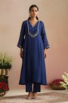 Shop_Trendy Tokari_Blue Chanderi Silk, Cotton, Organza Embroidery V-neck Hand Kurta Set _Online_at_Aza_Fashions
