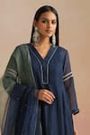 Trendy Tokari Navy Chanderi Silk, Cotton, Organza Embroidery V-neck Hand Kurta Pant Set Online at Aza Fashions Trendy Tokari_Navy Chanderi Silk, Cotton, Organza Embroidery V-neck Hand Kurta Pant Set _Online_at_Aza_Fashions