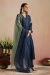 Shop_Trendy Tokari_Navy Chanderi Silk, Cotton, Organza Embroidery V-neck Hand Kurta Pant Set _Online_at_Aza_Fashions