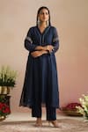 Trendy Tokari_Navy Chanderi Silk, Cotton, Organza Embroidery V-neck Hand Kurta Pant Set _at_Aza_Fashions