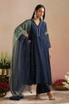Buy_Trendy Tokari_Navy Chanderi Silk, Cotton, Organza Embroidery V-neck Hand Kurta Pant Set 