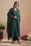 Buy_Trendy Tokari_Green Chanderi Silk, Cotton, Organza Embroidery Split V-neck Hand Kurta Set _at_Aza_Fashions