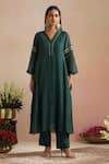 Shop_Trendy Tokari_Green Chanderi Silk, Cotton, Organza Embroidery Split V-neck Hand Kurta Set _Online_at_Aza_Fashions