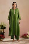 Buy_Trendy Tokari_Olive Green Silk, Cotton, Silk, Embroidery Hand Kurta Set _Online_at_Aza_Fashions