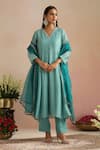 Buy_Trendy Tokari_Aqua Chanderi Silk, Cotton, Organza Embroidery, Sequins Ice Blue Kurta Pant Set _at_Aza_Fashions