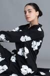 Khat_Black Poplin, Cotton Collared Floral Printed Kurta And Pant Set _at_Aza_Fashions