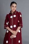 Shop_Khat_Red Poplin, Cotton Embroidery Collared Crimson Polka Shirt Kurta And Pant Set _Online_at_Aza_Fashions