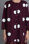 Khat_Maroon Poplin, Cotton Round Neck Polka Chanderi Gathered Dress _Online_at_Aza_Fashions