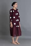 Khat_Maroon Poplin, Cotton Round Neck Polka Chanderi Gathered Dress _at_Aza_Fashions