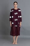 Buy_Khat_Maroon Poplin, Cotton Round Neck Polka Chanderi Gathered Dress 