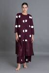 Buy_Khat_Maroon Poplin, Cotton Round Neck Polka Chanderi Gathered Kurta And Pant Set _Online_at_Aza_Fashions