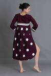 Shop_Khat_Maroon Poplin, Cotton Round Neck Polka Pleated Back Dress _at_Aza_Fashions