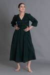 Buy_Khat_Green Handloom Cotton Embroidery V-neck Forest Hand Smocked Dress _at_Aza_Fashions