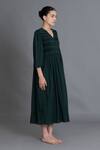 Khat_Green Handloom Cotton Embroidery V-neck Forest Hand Smocked Dress _Online_at_Aza_Fashions